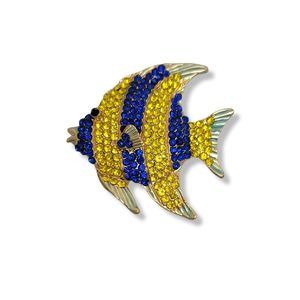 Blue and Gold Crystal Tropical Goldtone and Blue Enamel Fish Brooch Pin